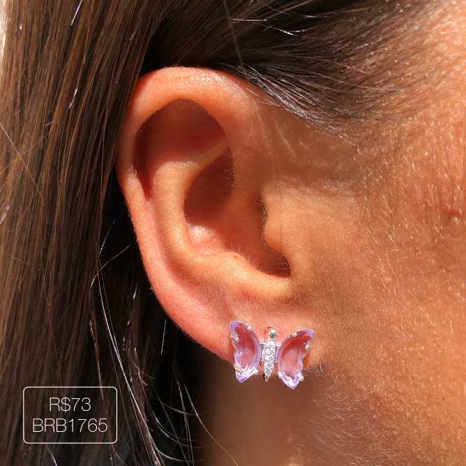 Brinco Borboleta Asa Vidro Rosa Prateado